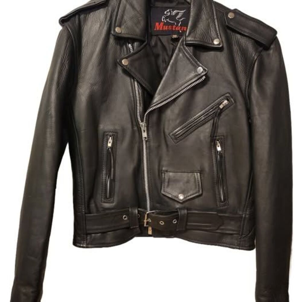 Mustang Mens Black Leather Motorcycle Jacket Size 38 Quilted Cafe Racer Sz 38